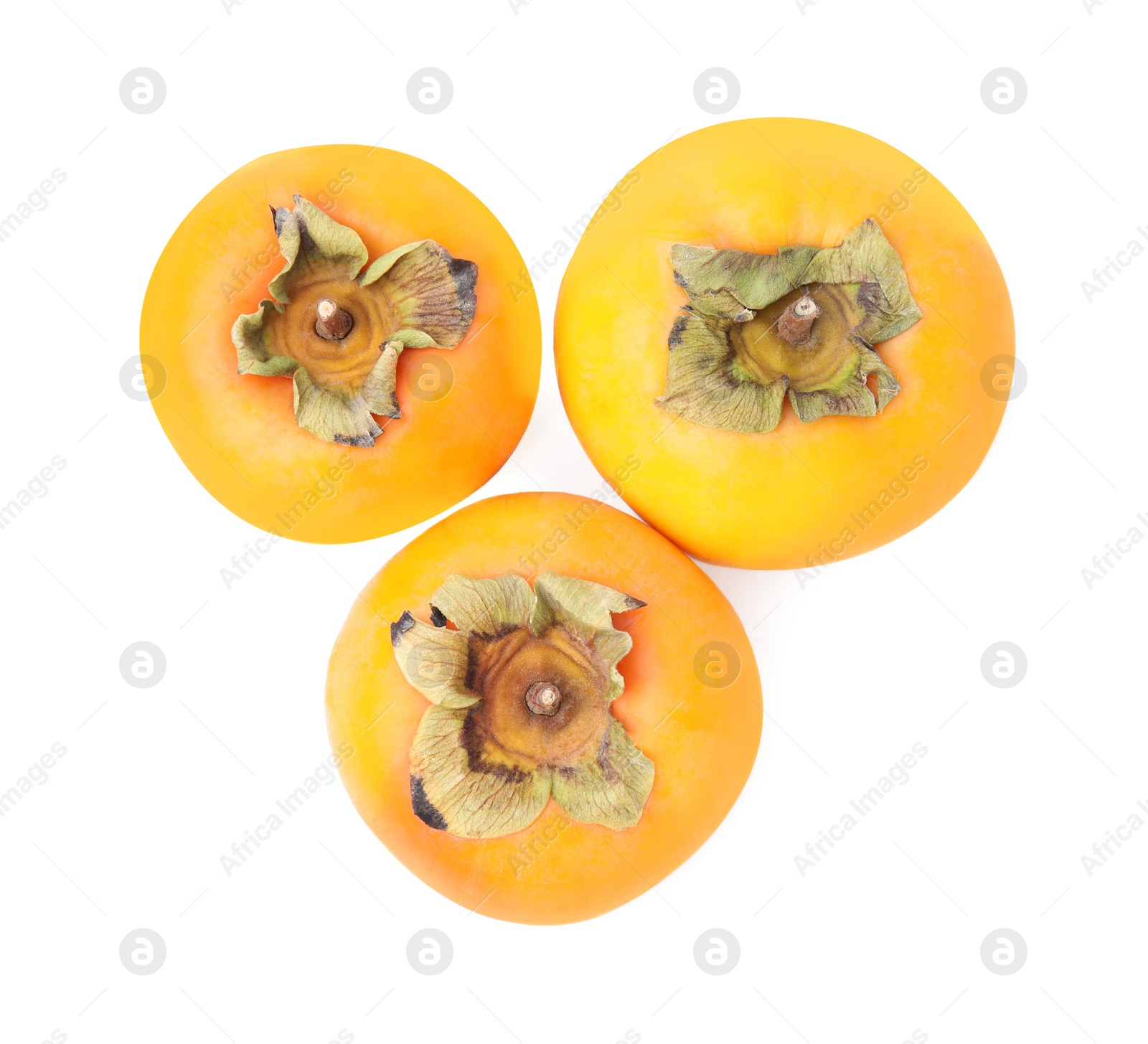 Photo of Whole delicious juicy persimmons on white background, top view