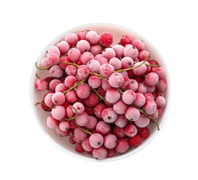 Tasty frozen red currants in bowl on white background, top view