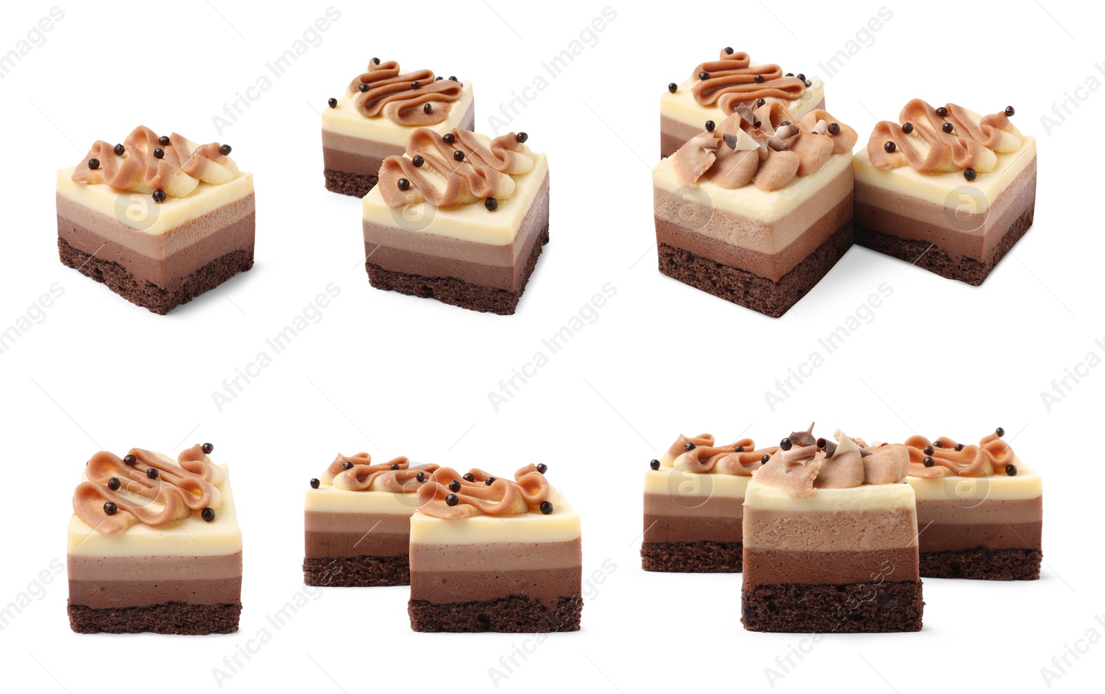 Image of Set with pieces of triple chocolate mousse cake isolated on white, different angles