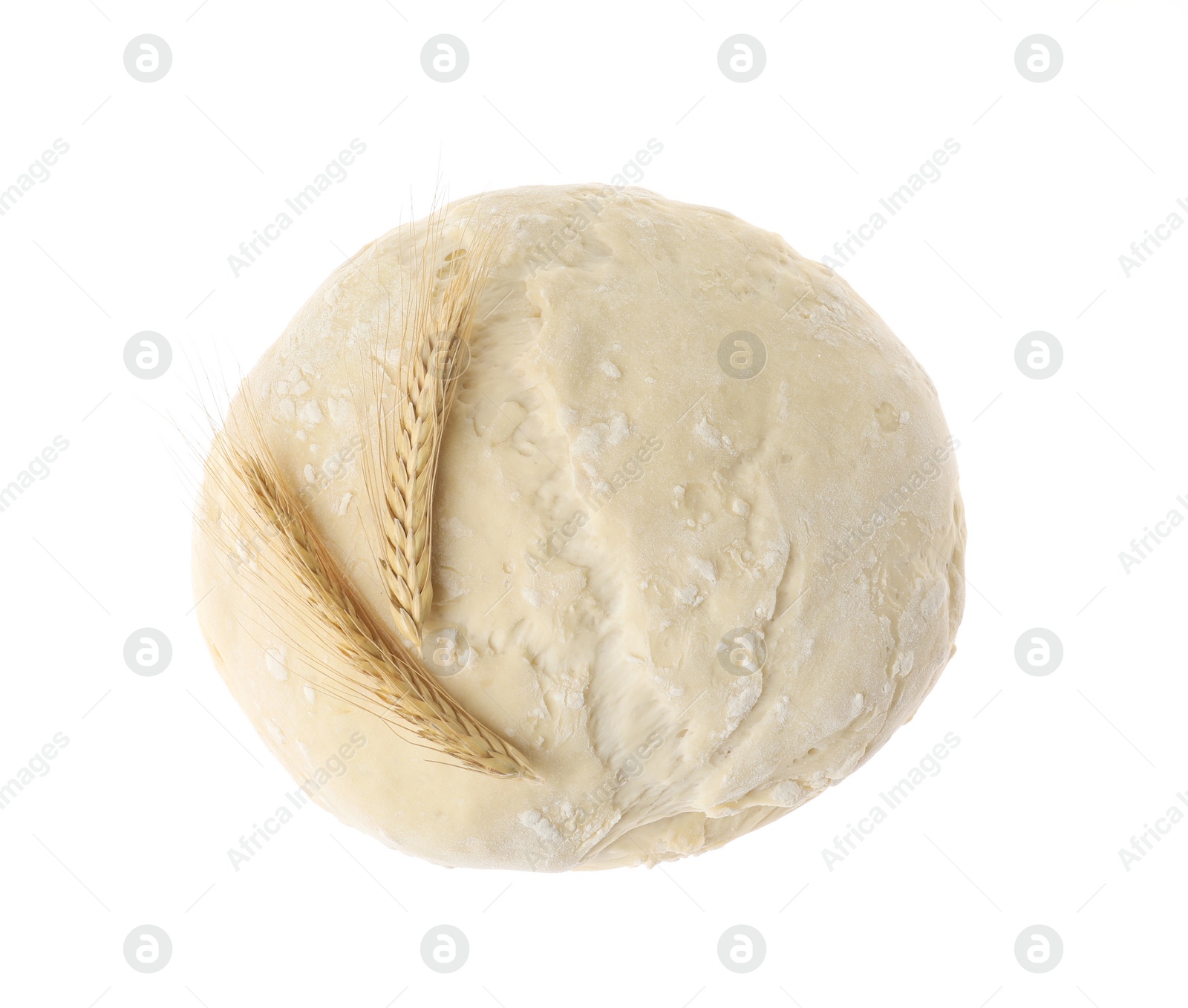 Photo of Tasty dough for pastries and spikelets isolated on white, top view