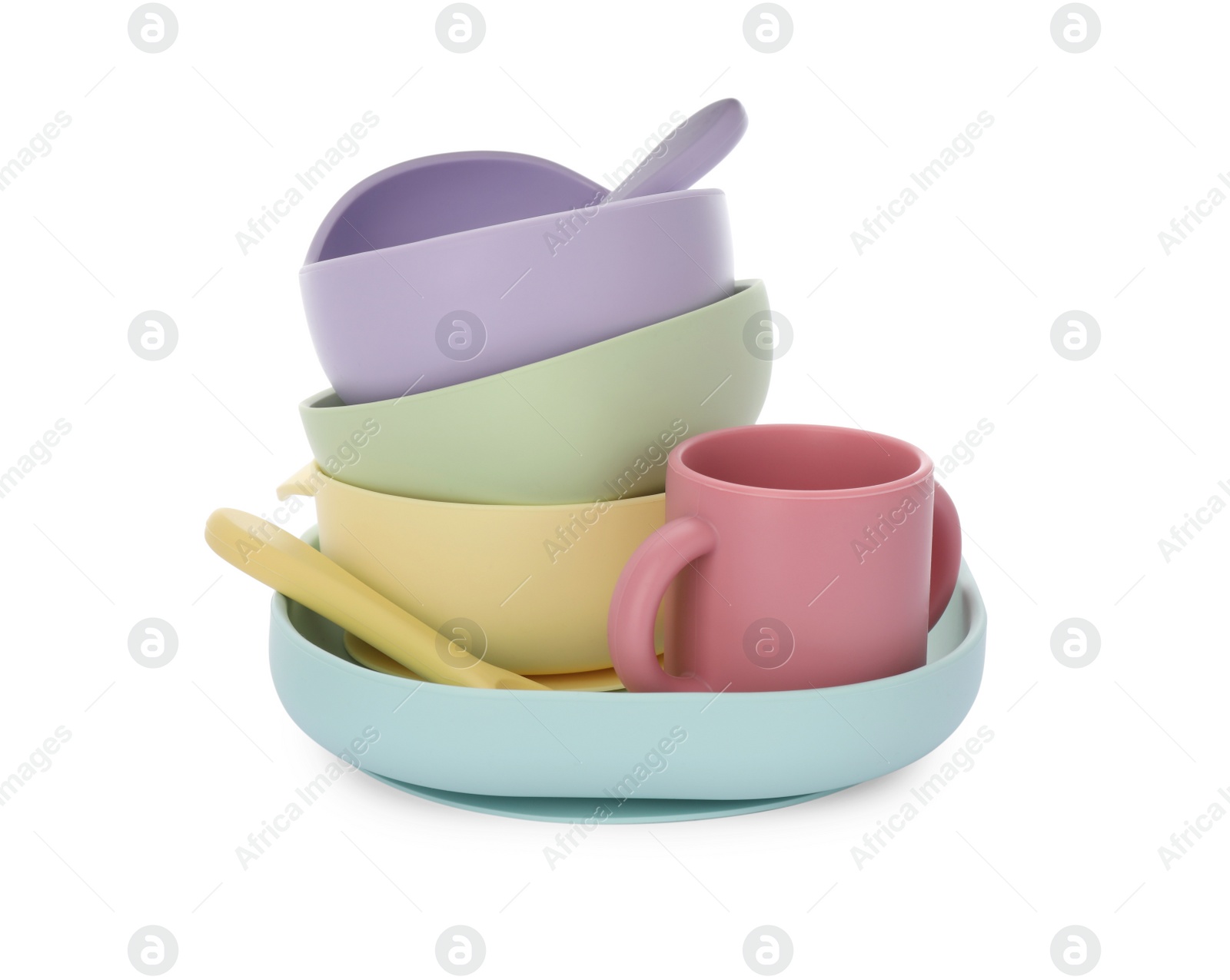 Photo of Set of plastic dishware on white background. Serving baby food