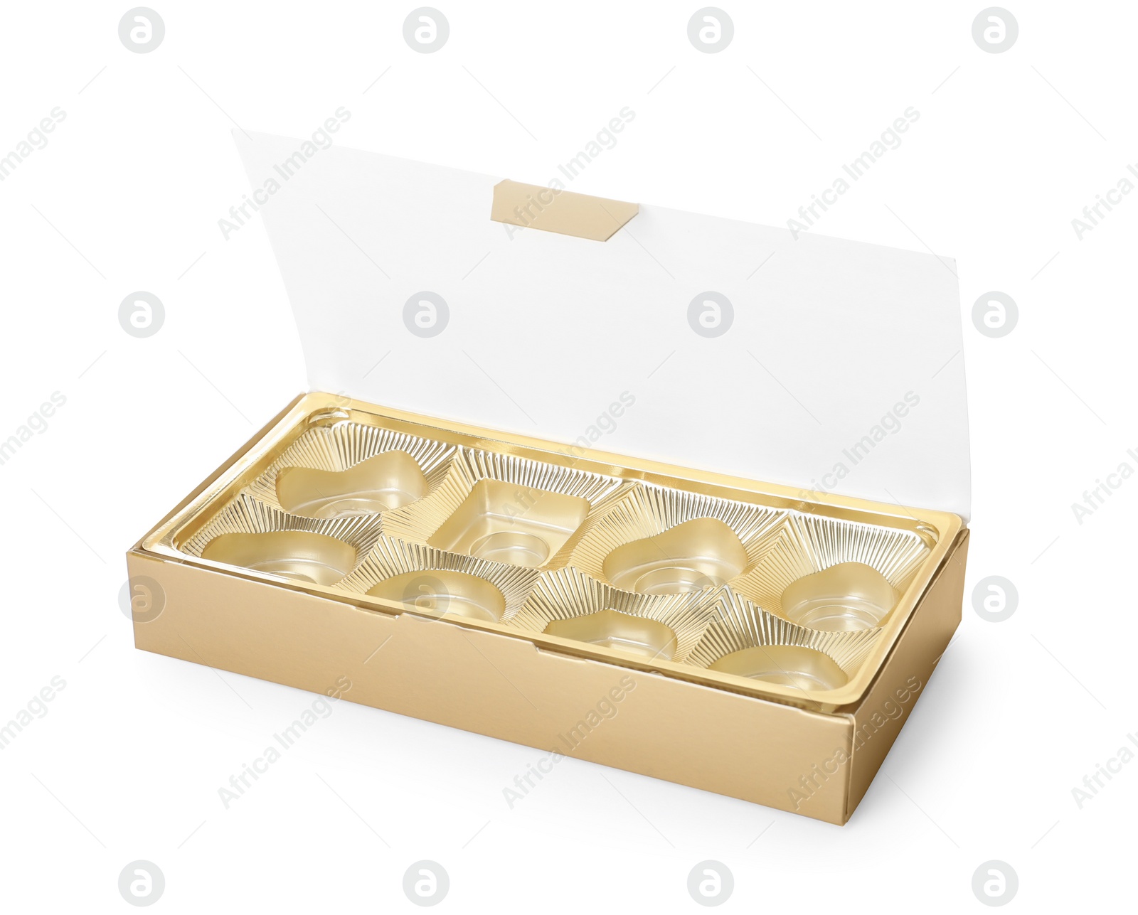 Photo of Empty box of chocolate candies isolated on white