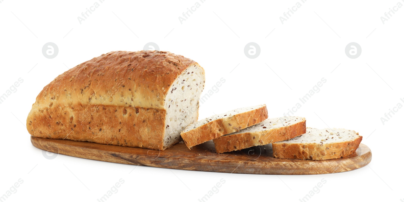 Photo of Freshly baked cut sourdough bread isolated on white