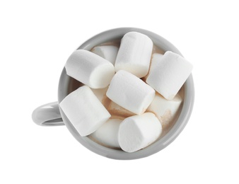 Photo of Delicious cocoa drink with marshmallows isolated on white, top view