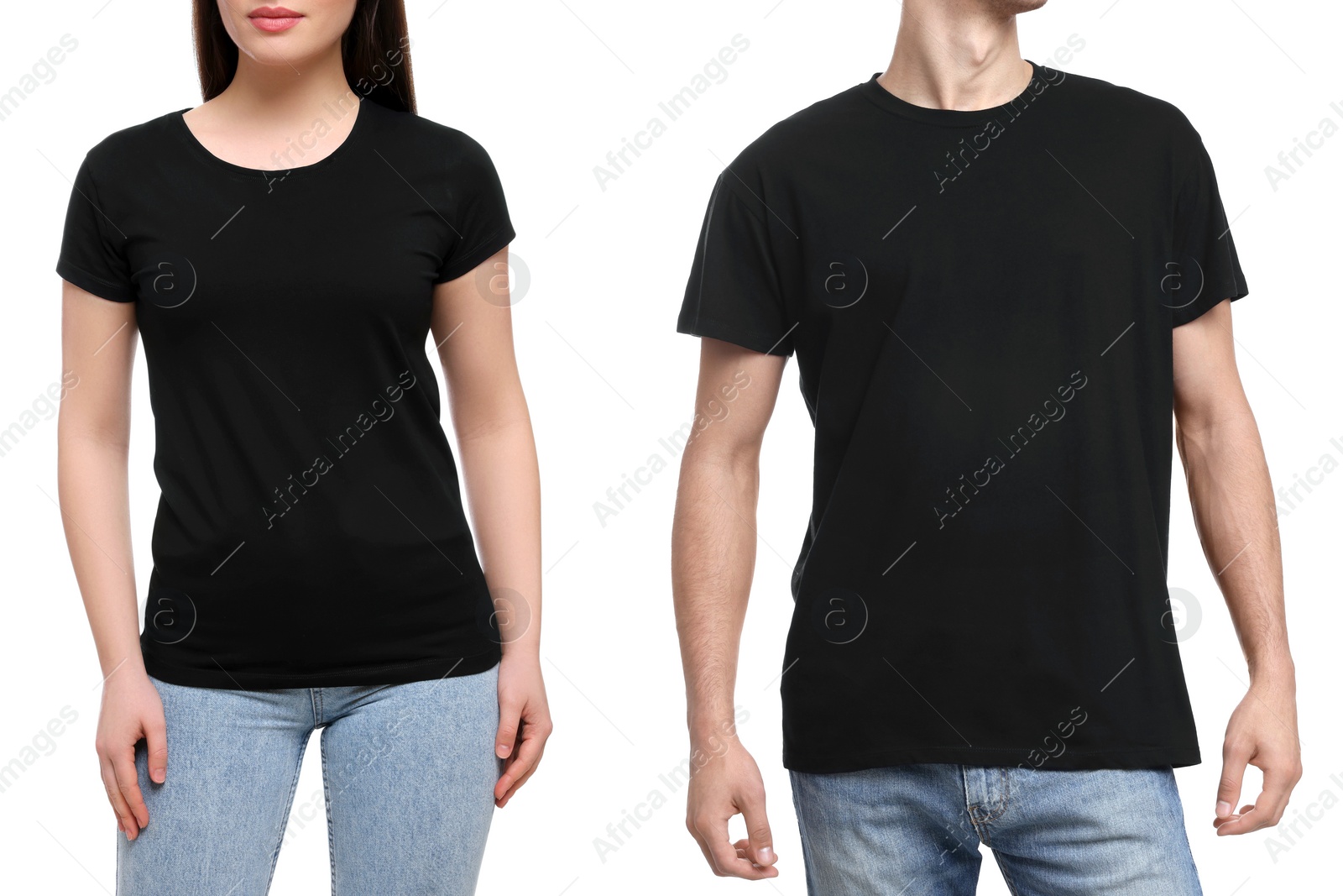 Image of People wearing black t-shirts on white background, closeup. Mockup for design