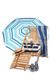 Photo of Deck chair, umbrella and other beach accessories isolated on white
