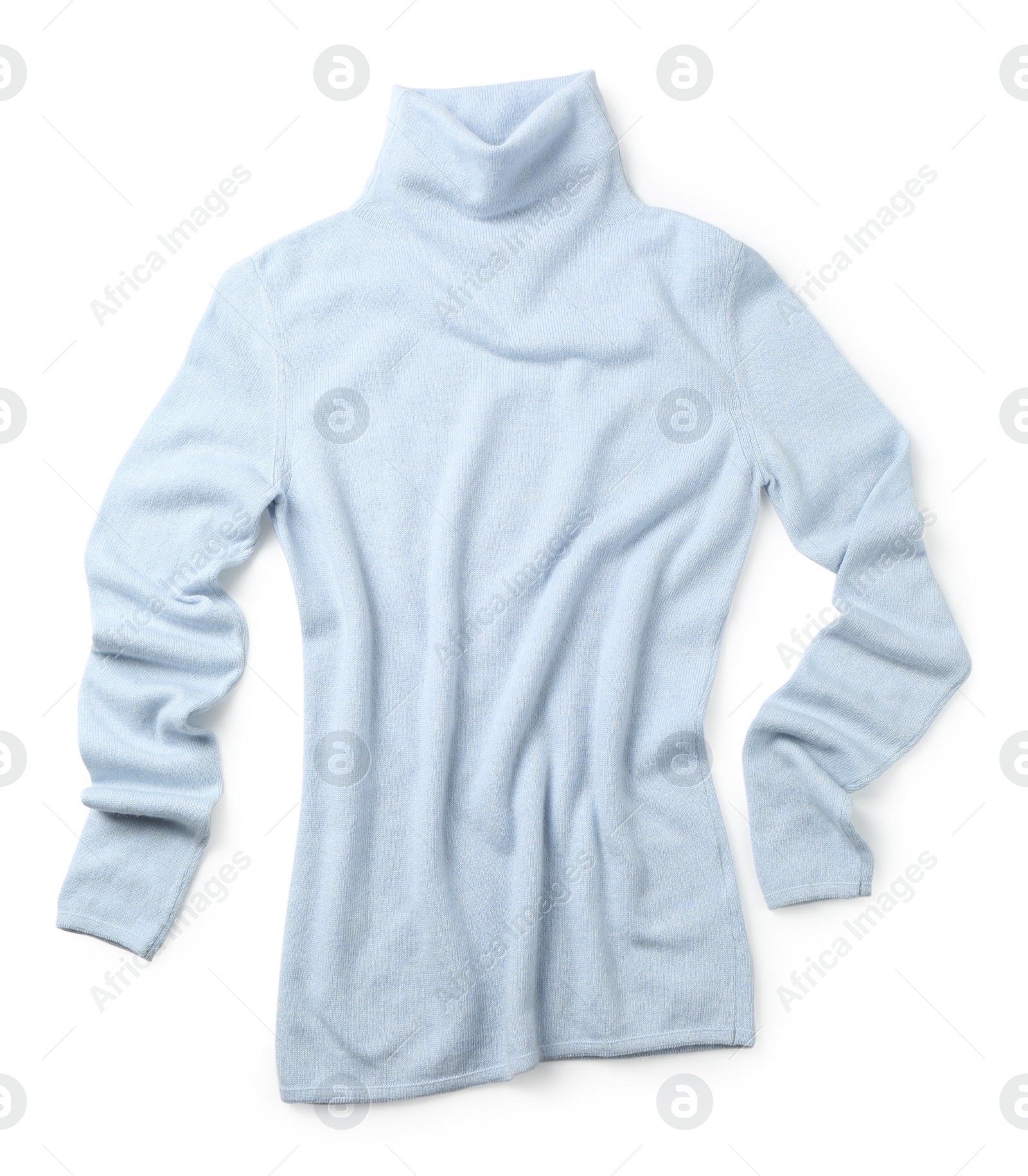 Photo of Cashmere sweater on white background, top view