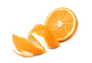 Half of orange fruit with peel on white background