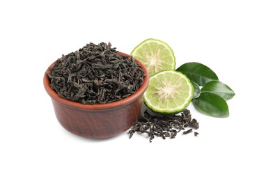 Photo of Dry bergamot tea leaves and fresh fruit on white background