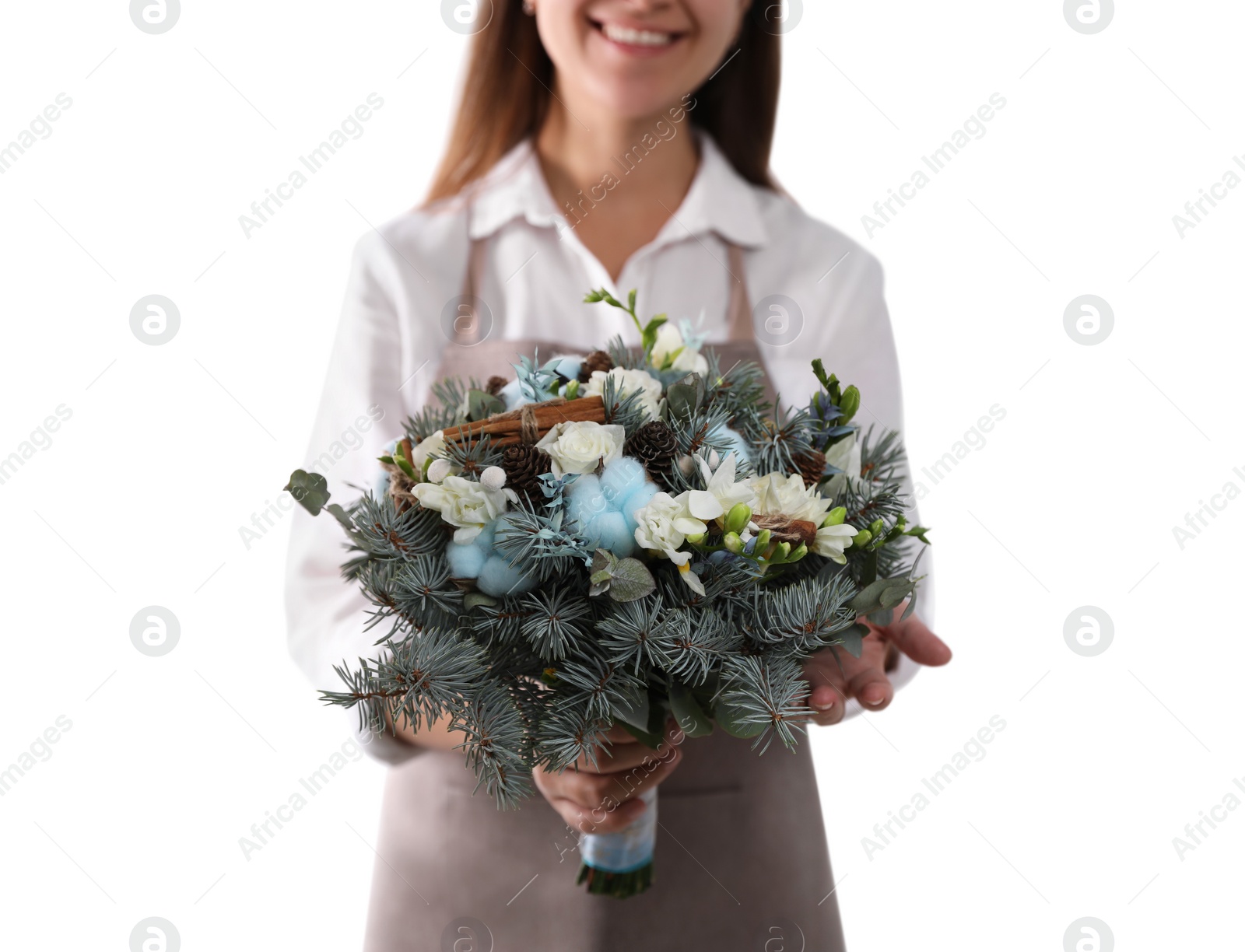 Photo of Florist holding beautiful winter wedding bouquet on white background, closeup