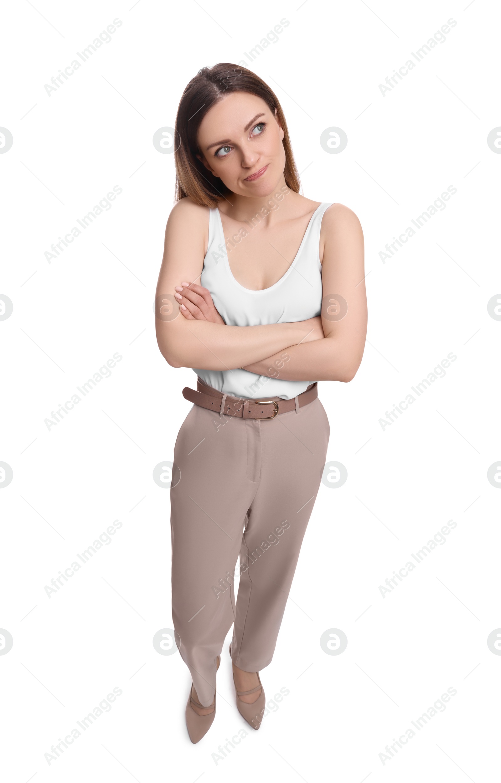 Photo of Beautiful businesswoman crossing arms on white background, above view