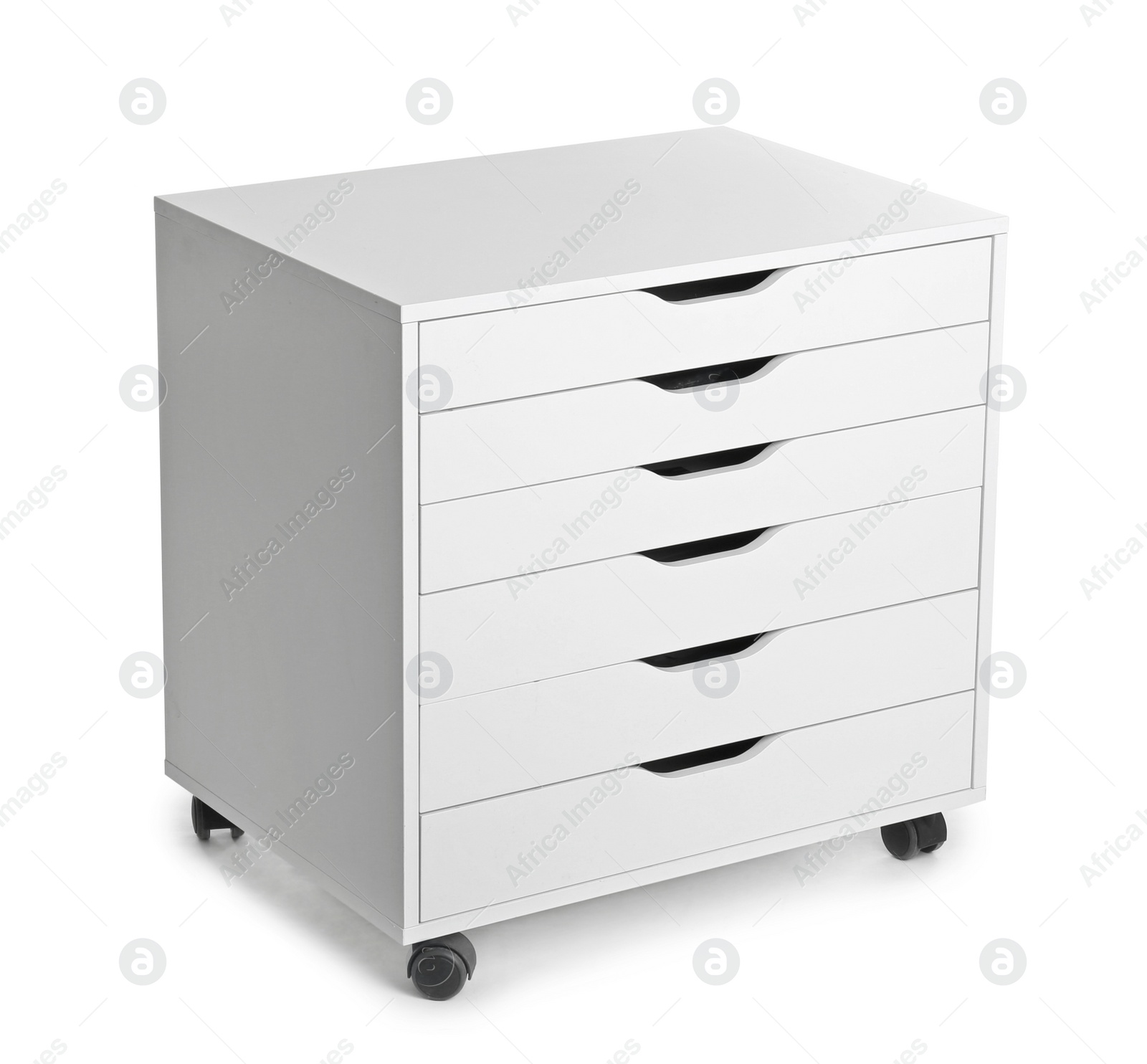 Photo of Stylish chest of drawers on white background. Furniture for wardrobe room