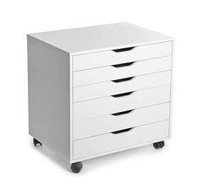 Photo of Stylish chest of drawers on white background. Furniture for wardrobe room