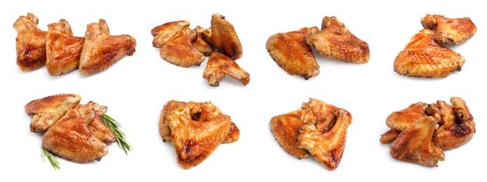 Set with tasty roasted chicken wings on white background. Banner design