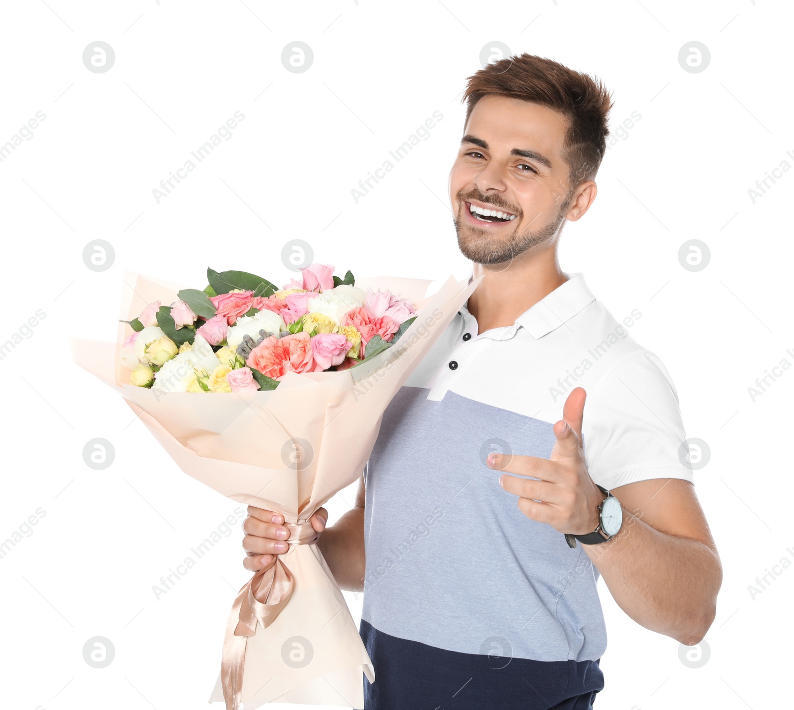 Photo of Young handsome man with beautiful flower bouquet on white background