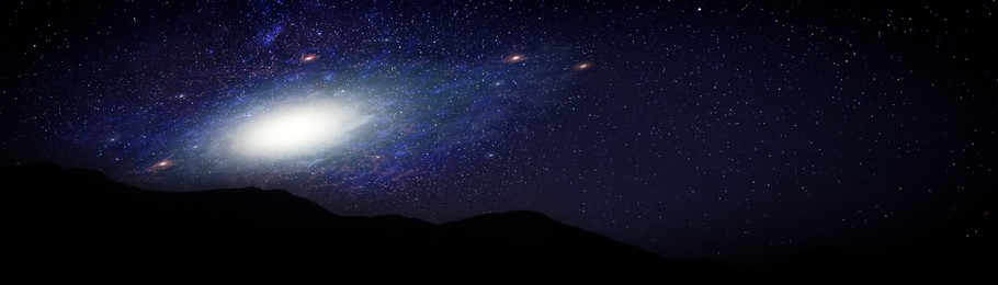 Image of Beautiful shiny galaxy in starry sky over mountains, banner design