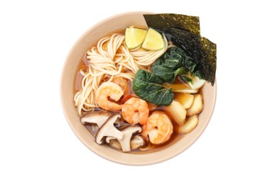 Delicious ramen with shrimps and mushrooms in bowl isolated on white, top view. Noodle soup