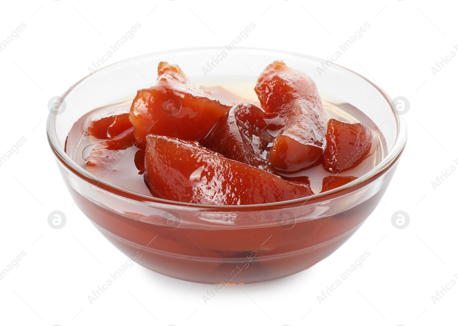 Photo of Tasty homemade quince jam in bowl isolated on white