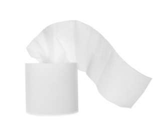 Roll of toilet paper on white background