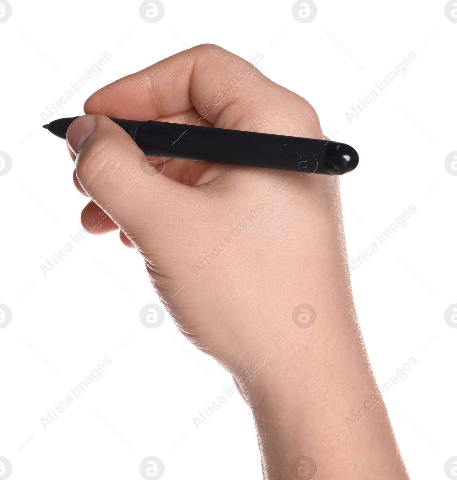 Photo of Man holding pen on white background, closeup of hand