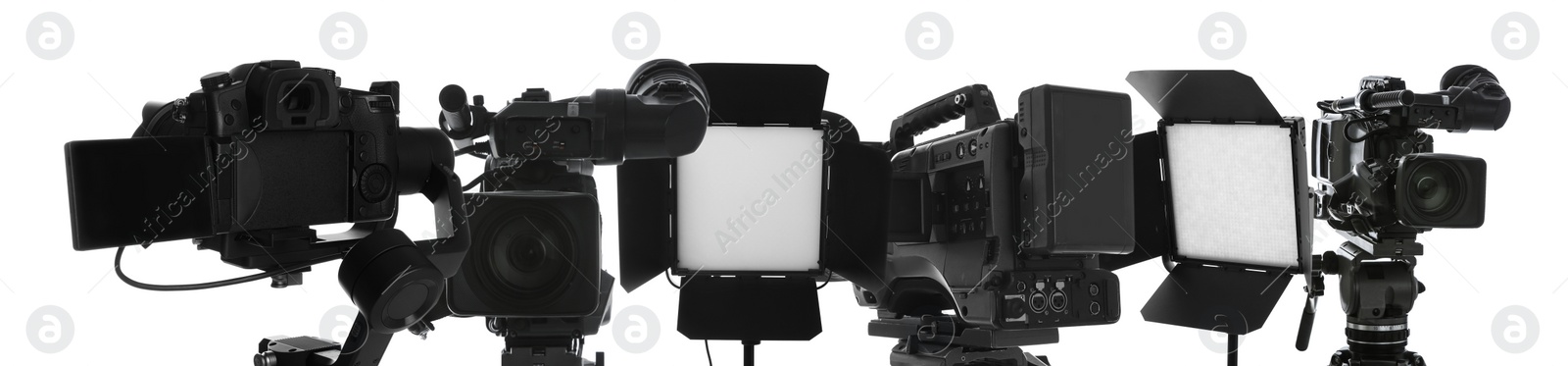 Image of Collage with modern professional equipment on white background. Video production