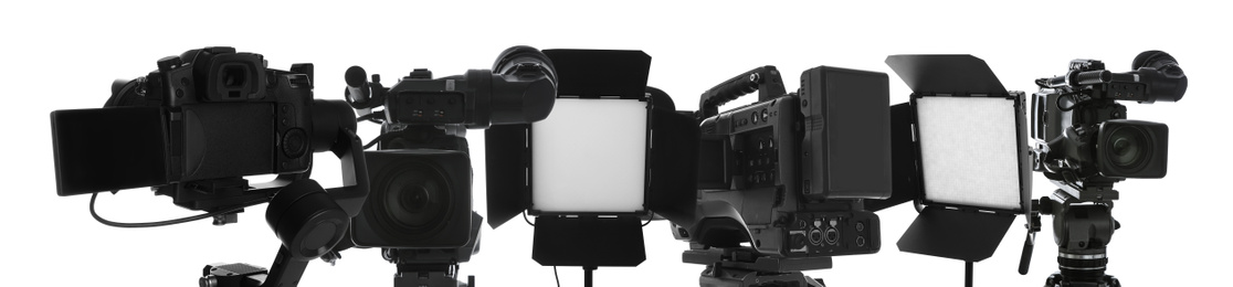 Image of Collage with modern professional equipment on white background. Video production