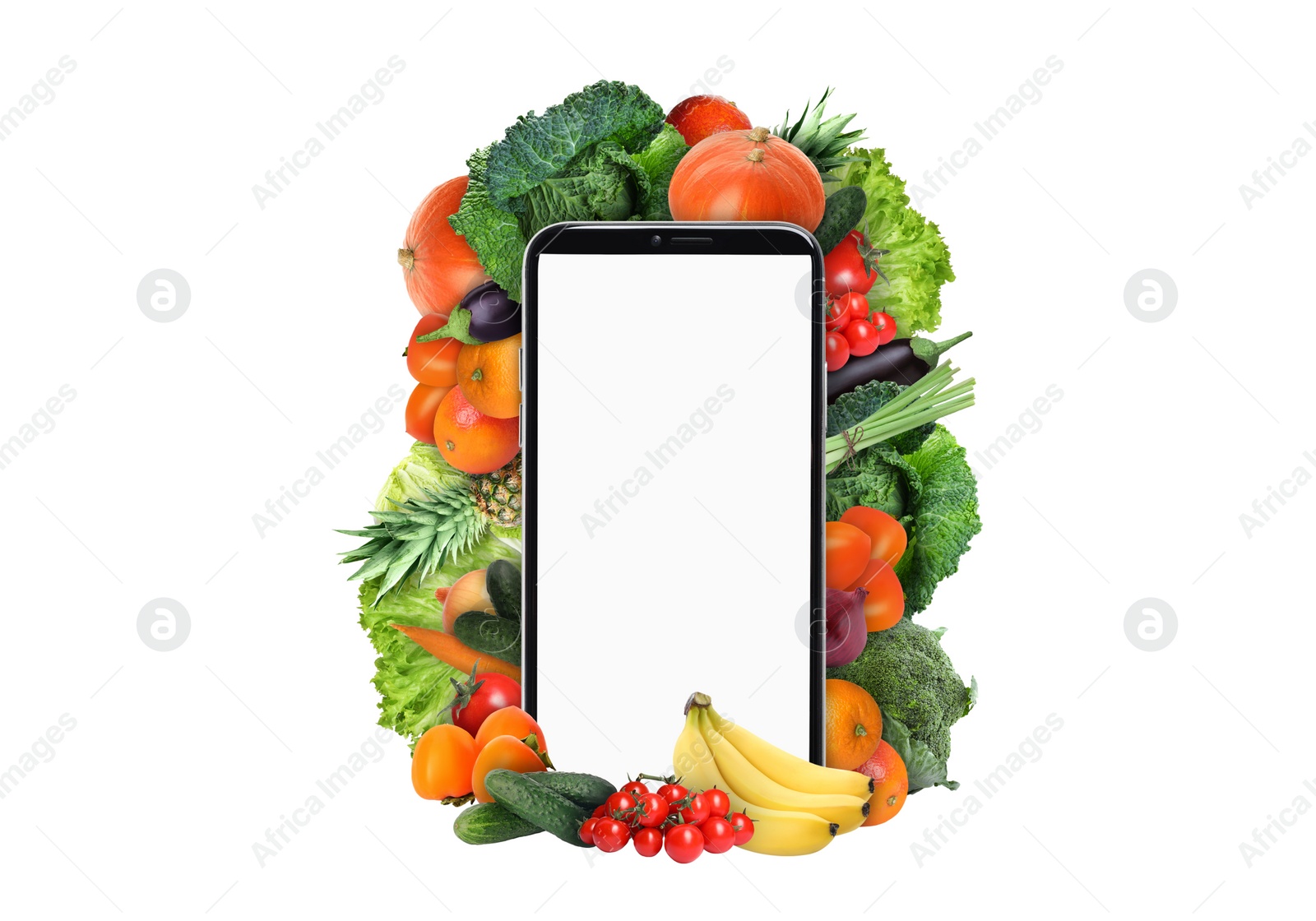 Image of Internet shopping. Smartphone surrounded by fruits and vegetables on white background