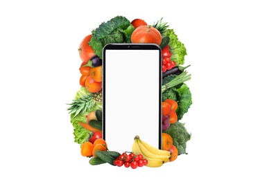 Internet shopping. Smartphone surrounded by fruits and vegetables on white background