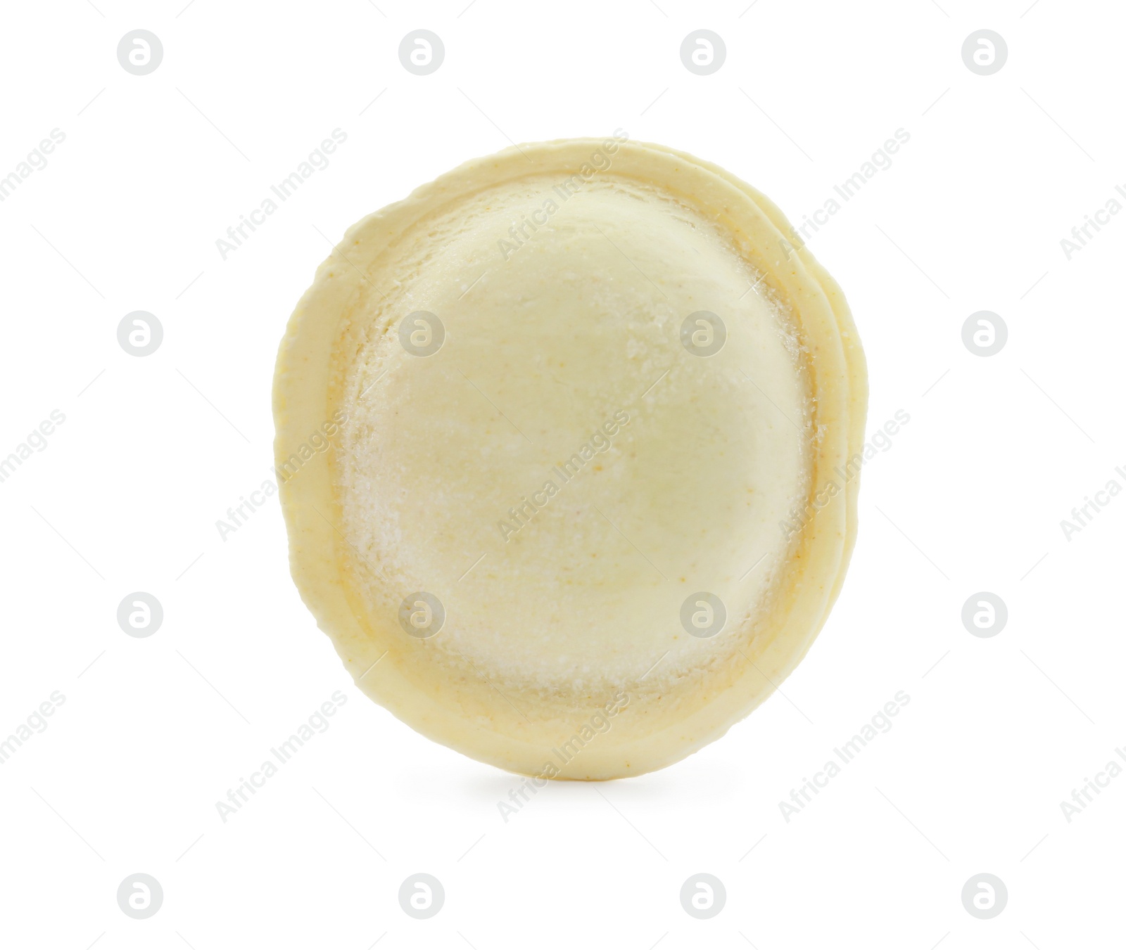 Photo of Raw dumpling with tasty filling on white background