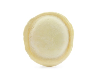 Raw dumpling with tasty filling on white background