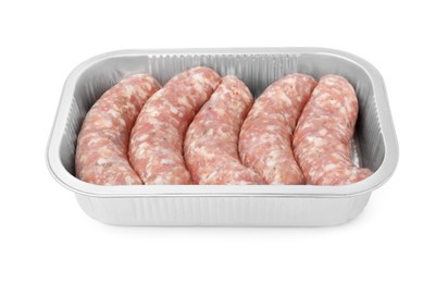 Photo of Container with raw homemade sausages isolated on white