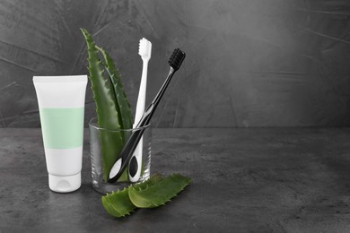 Photo of Aloe vera toothpaste in blank tube, brushes and green leaves on grey table, space for text