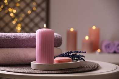 Beautiful composition with different spa products on white table indoors