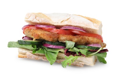 Photo of Delicious sandwich with schnitzel isolated on white