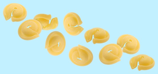 Image of Raw dischi volanti pasta flying on light blue background