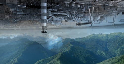 Environmental pollution, banner design. Collage with industrial factory upside down over mountains