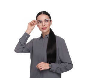 Photo of Portrait of beautiful woman in glasses on white background. Lawyer, businesswoman, accountant or manager