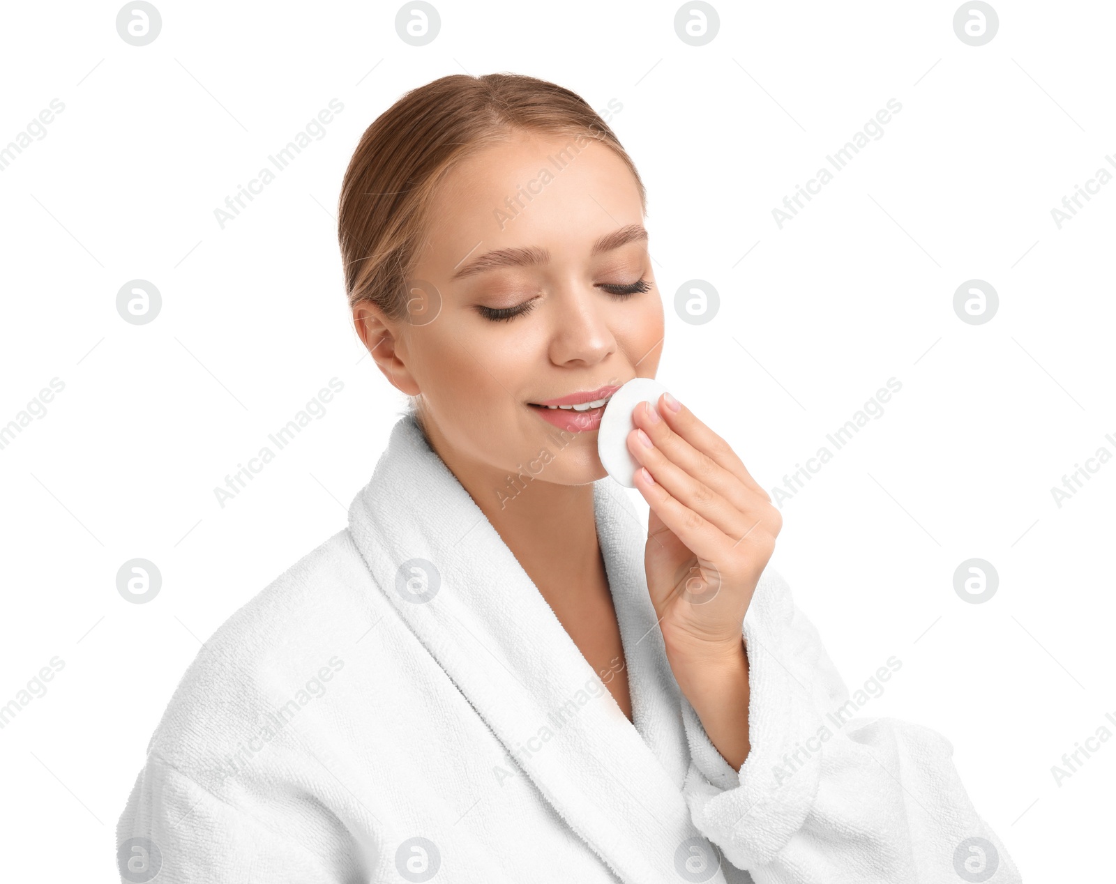 Photo of Beautiful young woman with cotton pad on white background