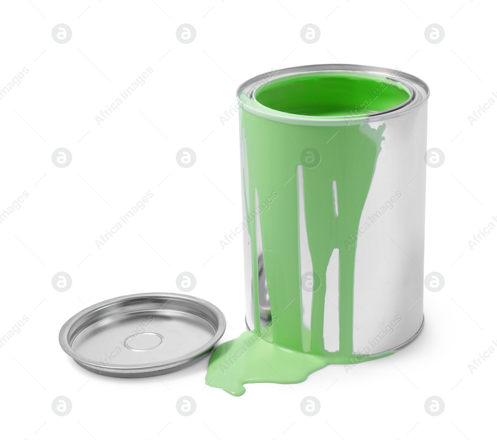 Photo of Can of light green paint isolated on white