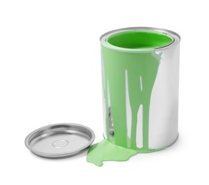 Photo of Can of light green paint isolated on white