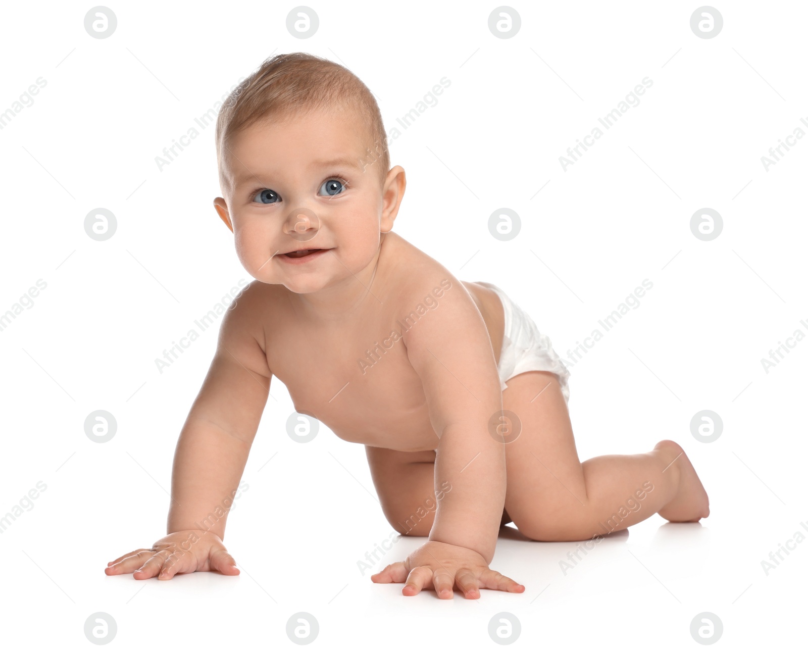 Photo of Cute little baby in diaper crawling on white background