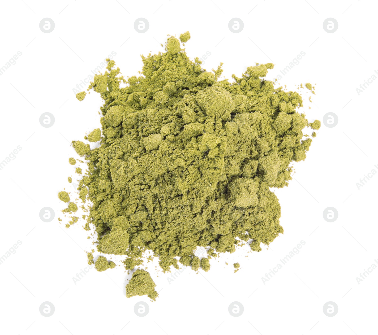 Photo of Pile of hemp protein powder on white background, top view