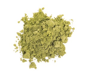 Photo of Pile of hemp protein powder on white background, top view