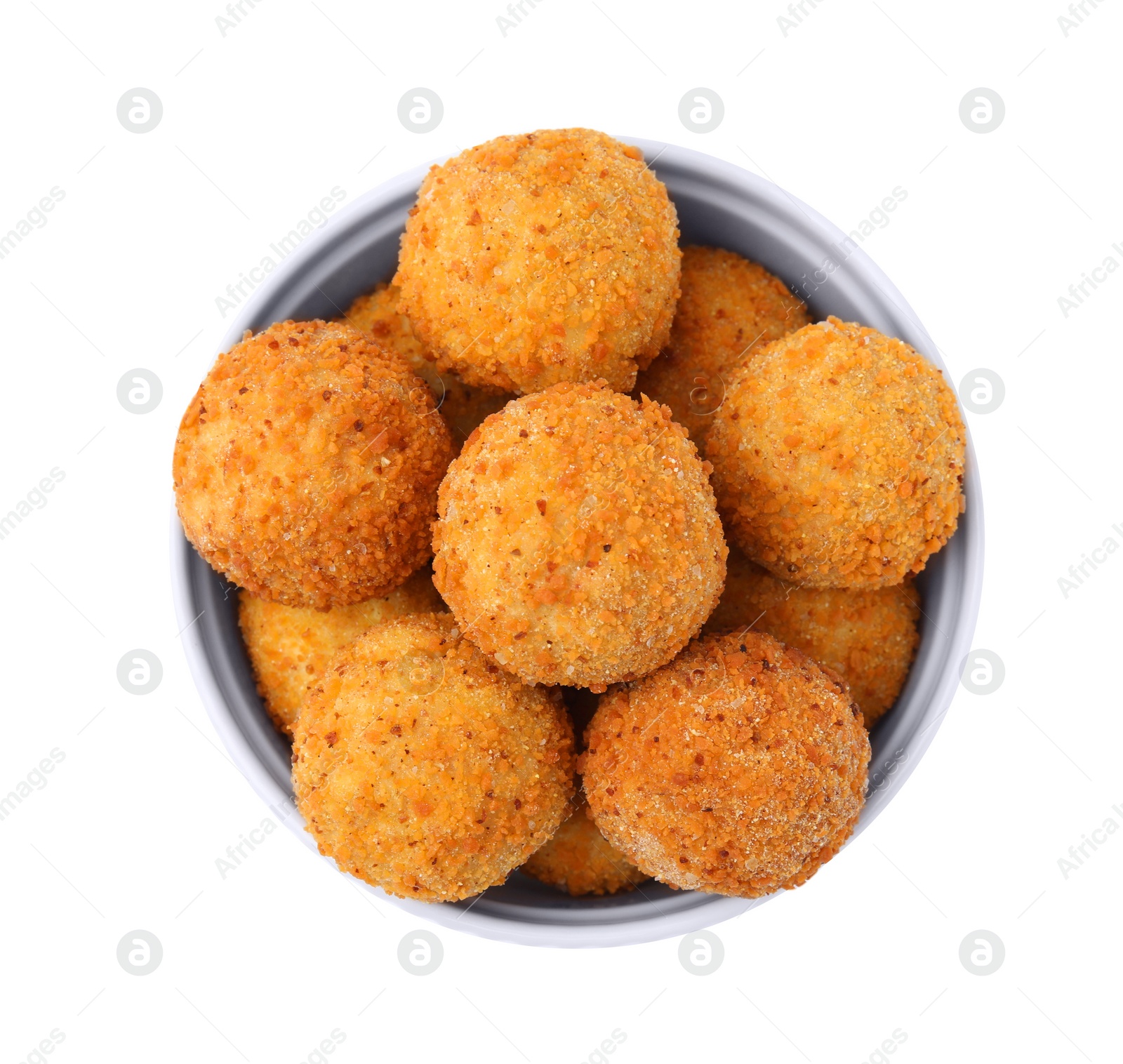Photo of Bowl with delicious fried tofu balls on white background, top view