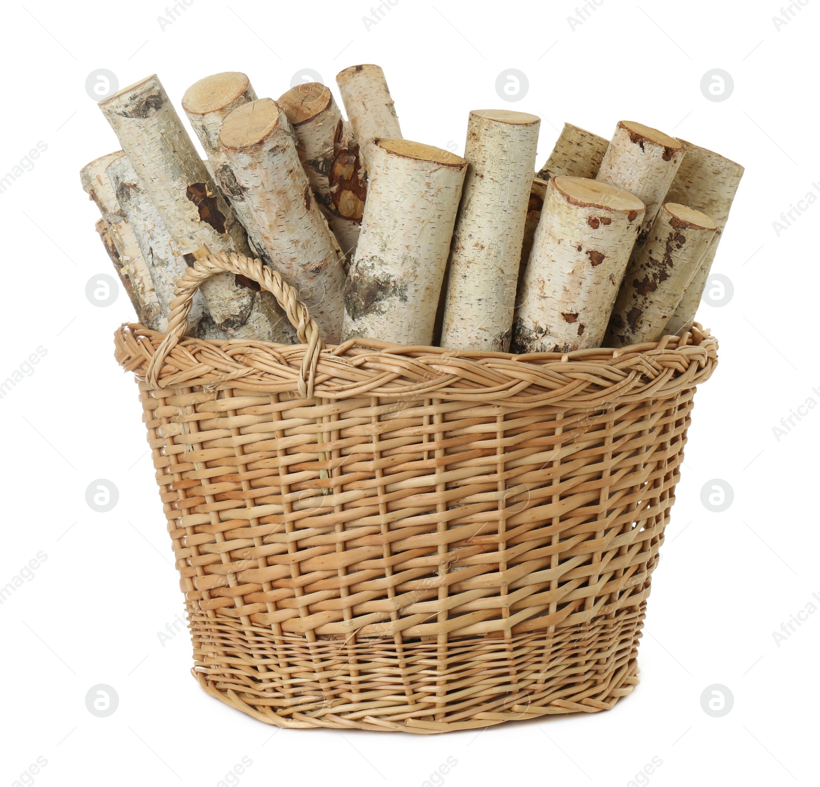 Photo of Wicker basket with firewood on white background