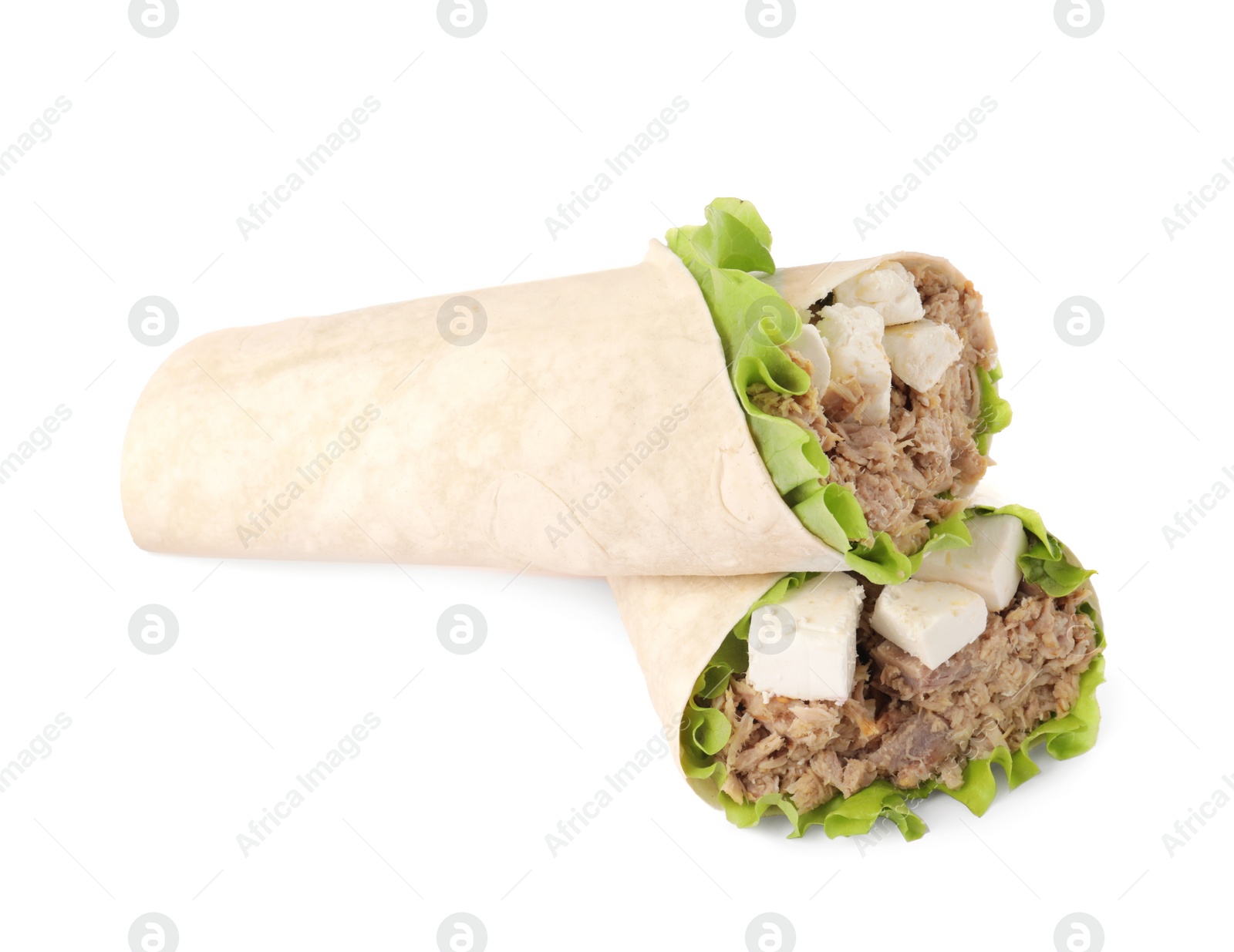 Photo of Delicious tortilla wraps with tuna isolated on white