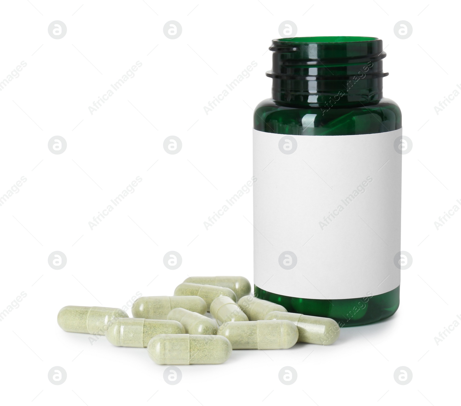 Photo of Bottle and pile of vitamin pills isolated on white