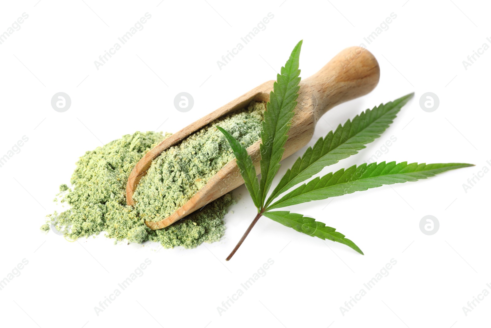 Photo of Scoop of hemp protein powder and leaf isolated on white