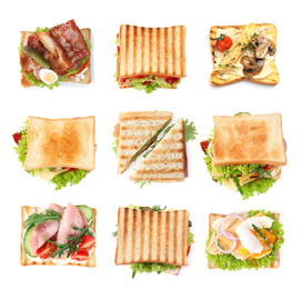 Image of Set of toasted bread with different toppings on white background, top view 