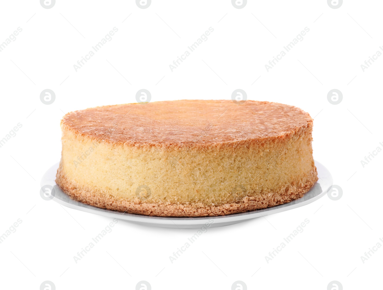 Photo of Plate with delicious sponge cake isolated on white